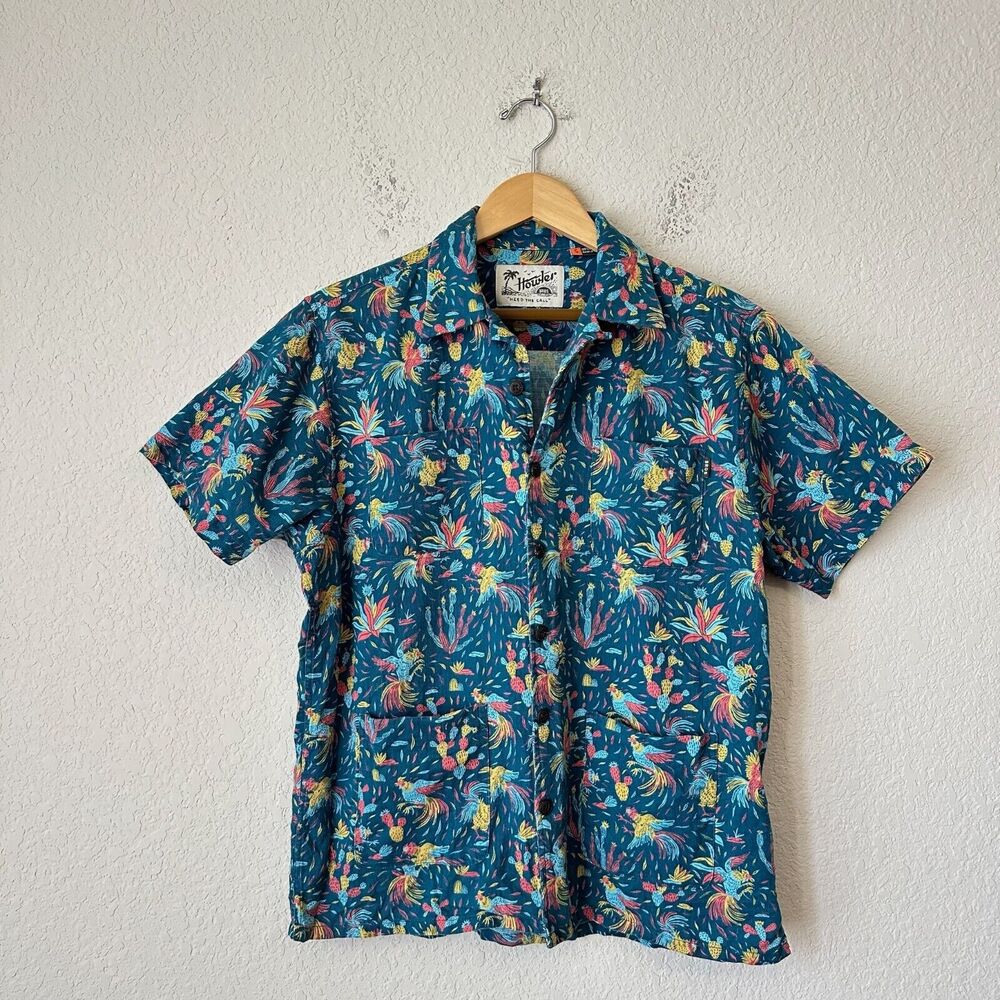 HOWLER BROS Dobby Camp Guayabera Shirt in Blue Gallos GALLOS Roosters